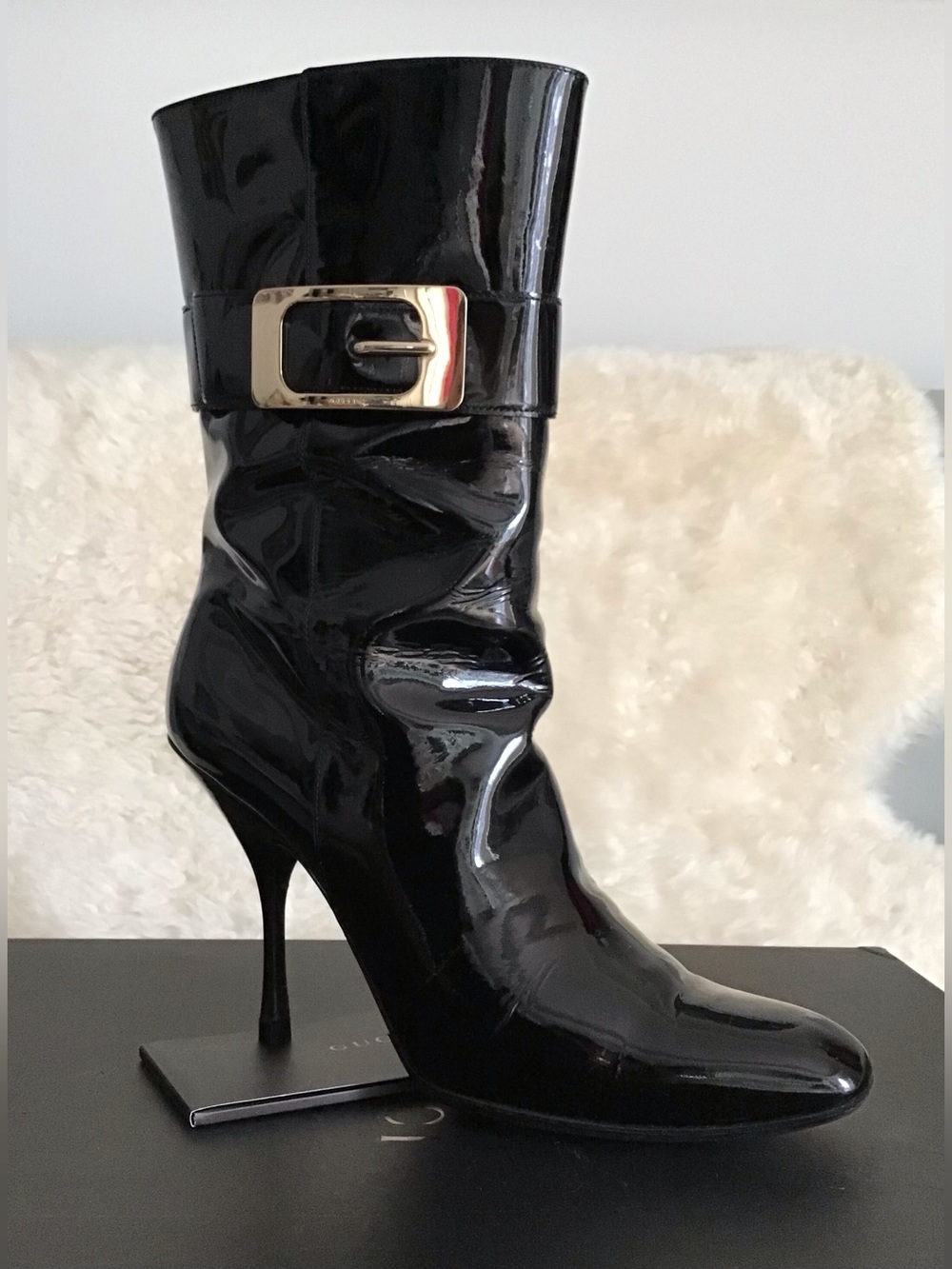 Gucci Black Patent Leather Mid-Calf Heel Boot with Gold Buckle